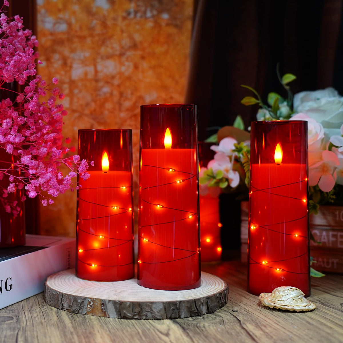 kakoya Flameless LED Candles with Timer 9 Pc Flickering Flameless Candles for Romantic Ambiance and Home Decoration Stable Acrylic Shell,with Embedded Star String，Battery Operated Candles（Red）
