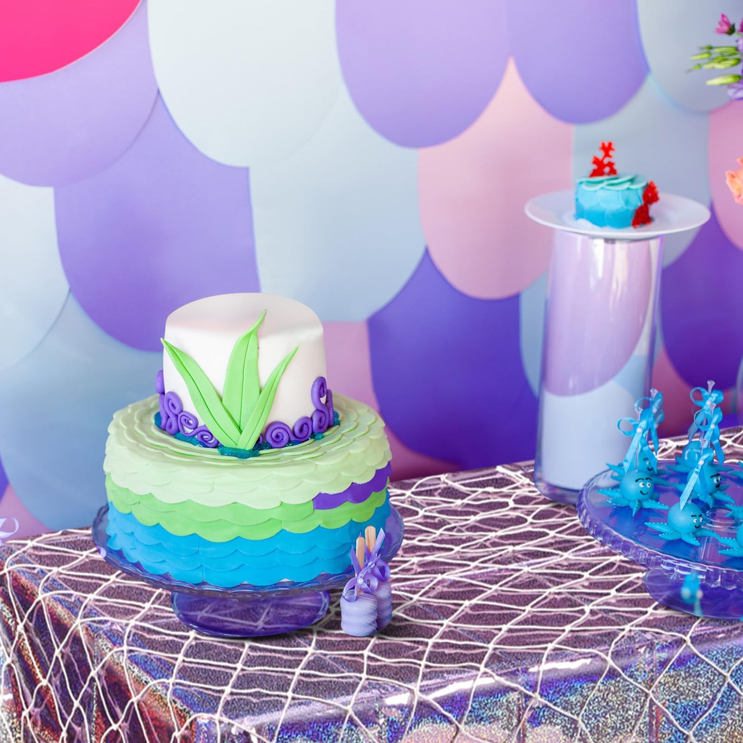 Oudain 12 Pcs Mermaid Tablecloth Fish Net and Iridescent Plastic Table Cloth Decorations Set for Mermaid Birthday Decorations,Ocean Summer Sea Theme Party Baby Shower (Purple,Blue,Pink)