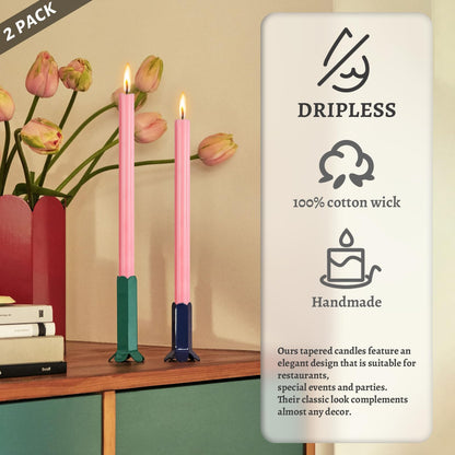 Dripless Taper Candles Unscented Pink Long Taper Candles Smokeless 10 Inch Roman Column Design Dinner Candlesticks for Home Decoration Women Gifts(2Pcs)
