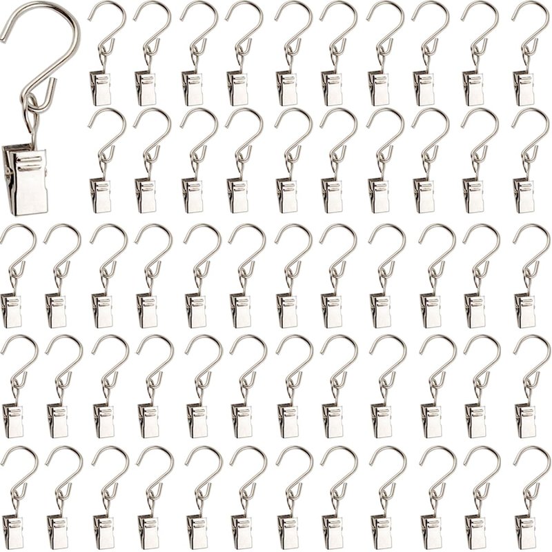 RONYOUNG 50PCS Stainless Steel S Hooks Curtain Clips, Hanging Party Lights Clips, Hangers Gutter Photo Camping Tents, Art Craft Display, Garden Courtyards Decoration, 2.4 Inch Long Silver