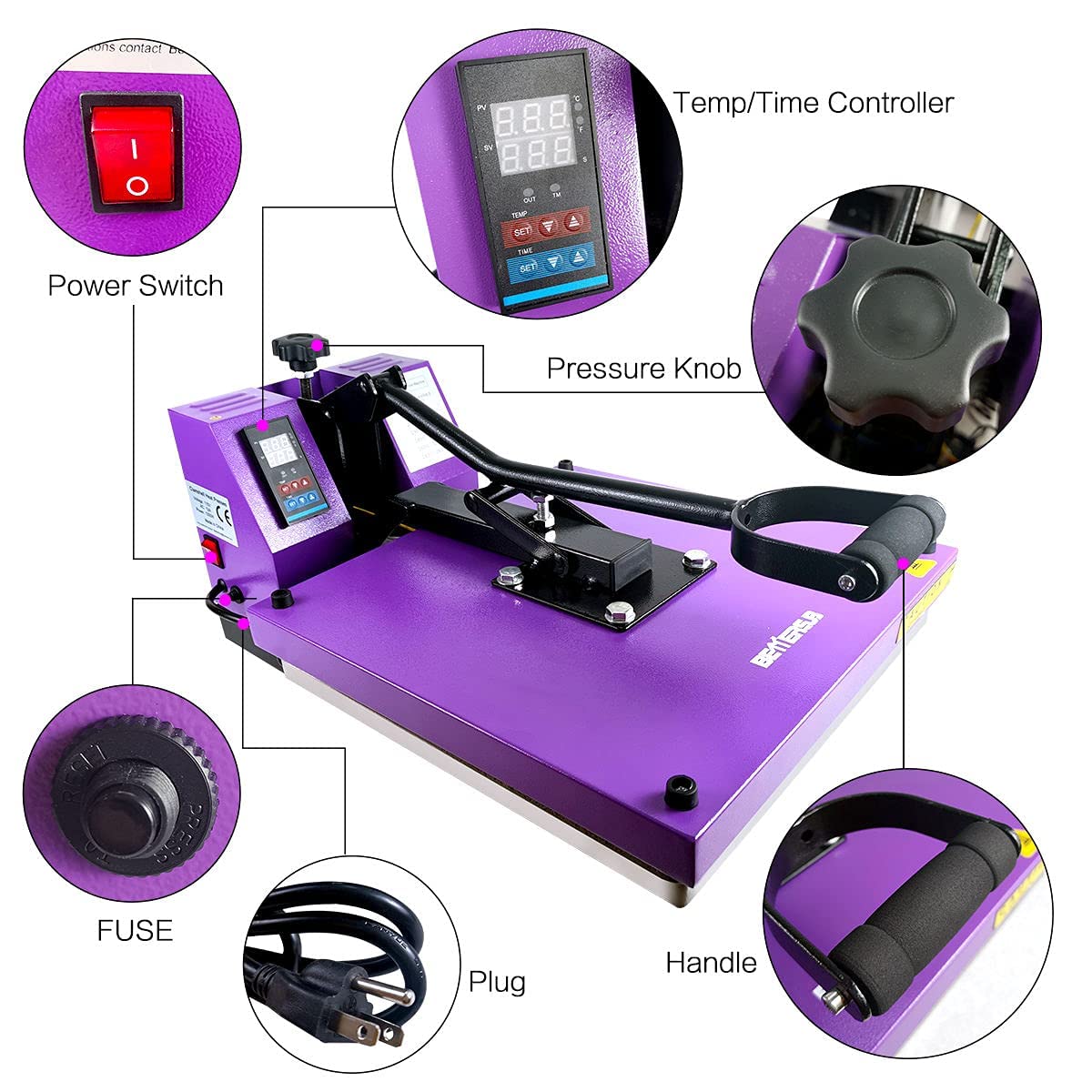 BetterSub 15‘’x15‘’ Industrial Heat Press Machine for T-Shirts, Sublimation, Transfers – Digital LCD Control, Teflon Surface, Clamshell Design, Safe & Durable - Purple