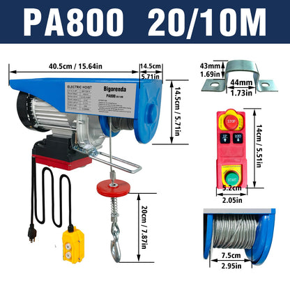 Bigorenda 1760lb Electric Hoist with Remote Control/Wired Control, Electric Hoist 2 in 1, 110v Electric Hoist with Single/Double Slings,65.6/33ft Lifting Height, for Factory Attic Garage Warehouse