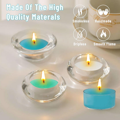 Scented Tea Light Candles 12 Pack Hand Poured 3 Color Smokeless 4 Hours Clean Burning Small Round Clear Cups Tealight Candles for Romantic Dinners Wedding Centerpieces Cozy Evenings