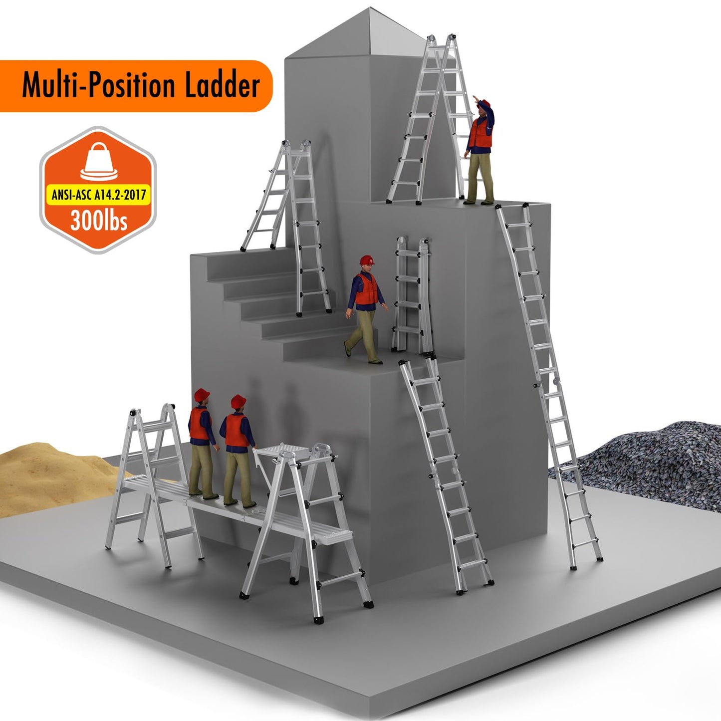 BESTEP 15FT Adjustable Folding Multi-Position Ladder,A Frame 4-Step Anti-Slip Ladder with Aluminum Joint,Silver,ANSI Type 1A, 300 lbs Load Capacity,Welding Construction (YQGNT-4540)