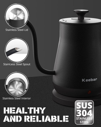 Keebar Electric Kettle, Gooseneck Kettle with Auto Shut Off, 0.8L Small Eletric Tea Kettle, Precise Spout Designed for Coffee Tea, 1000W Quick Heat Up, Stainless Steel, Matte Black