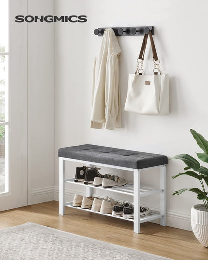 SONGMICS Shoe Bench, Storage Bench, Entryway Bench with Cushion, Shoe Shelf with Seat, Space-Saving, Modern Style, for Living Room, Bedroom, Hallway, Dark Gray and Cloud White ULBS057W01