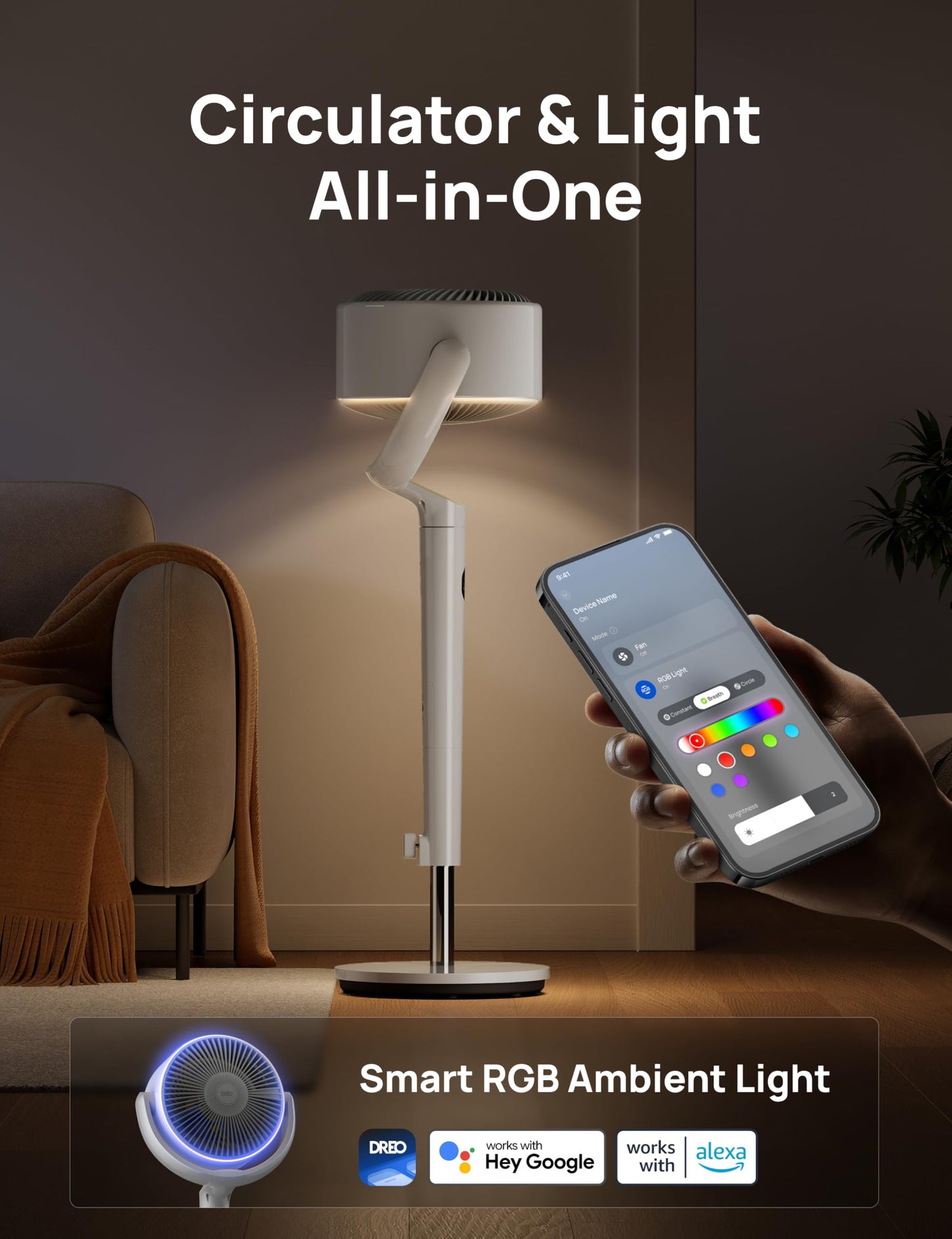 DREO Smart Fan for Bedroom, 120° +120° Omni-Directional Oscillating Fans, 100ft Quiet Pedestal Fan with RGB Light, 9 Speeds, 6 Modes, 20dB, 8H Timer, Wi-Fi/Voice/Alexa, 35-40" Floor Fans with Remote