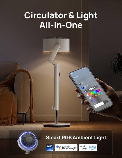 DREO Smart Fan for Bedroom, 120° +120° Omni-Directional Oscillating Fans, 100ft Quiet Pedestal Fan with RGB Light, 9 Speeds, 6 Modes, 20dB, 8H Timer, Wi-Fi/Voice/Alexa, 35-40" Floor Fans with Remote