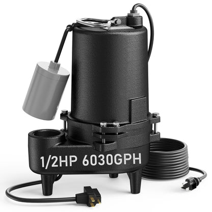 Aquastrong Cast Iron Sewage Pump 1/2HP Effluent Pump 115V 6030 GPH Sump Pump with Auto Float Switch, Ideal for Basement Sump Pits, Industrial Wastewater - Commercial-Grade Sewage System