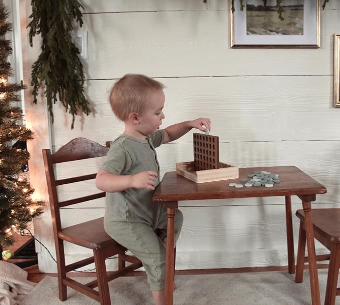 Neutral Wooden Four in a Row Game Aesthetic Two Player Montessori Travel Board Game for Kids and Adults Perfect Coffee Table Decor and Housewarming Gift -White Elephant Gift (Neutral Blue)