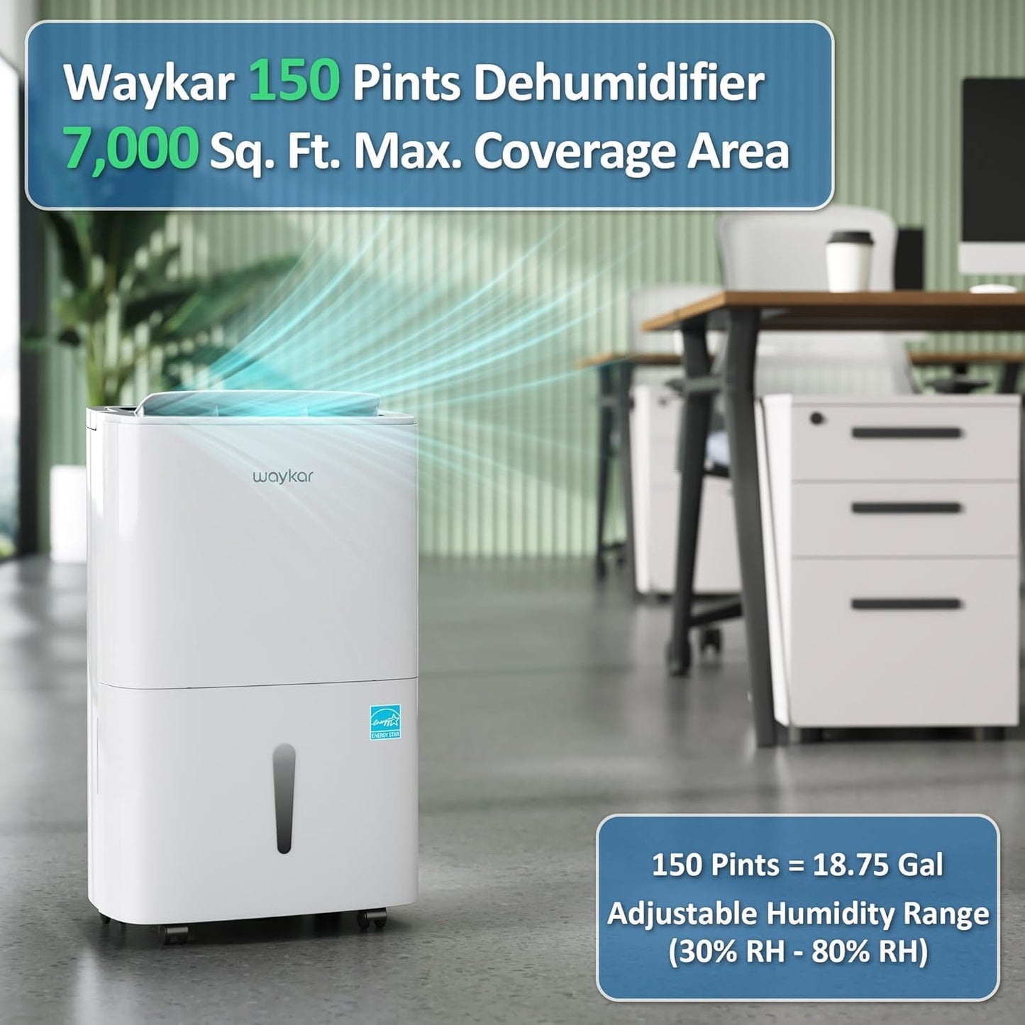 Waykar 150 Pints 2025 Energy Star Dehumidifier with Pump for Spaces up to 7,000 Sq. Ft. at Commercial and Industrial Large Room, Warehouse, Home, Basement, with Drain Hose, Auto Defrost, Self-Drying