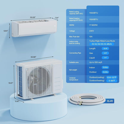 11500 BTU WiFi Enabled Mini Split Air Conditioner & Heater, 208/230V Heat Pump with Pre-Charged Condenser, 17 SEER2 Inverter Ductless Wall Unit & Installation Kit for Home Use