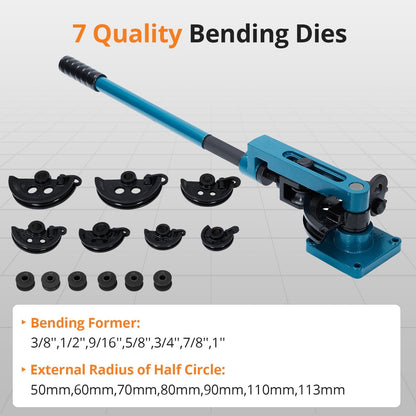 Heavy Duty Steel Metal Tube Bender for Easy and Fast Bending - Tube Cutter and 7 Sturdy Dies Included，Ideal for Repair Shops 3/8" to 1" Manual Tube Bender 0-180° Easy and Fast Bending
