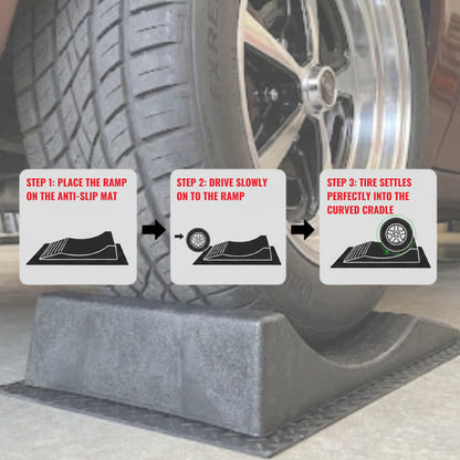 USA Made Extra-Wide Heavy-Duty Flat-Free Tire Ramps with 4 Thick Mats – Prevent Flat Spots During Long-Term Storage – Non-Slip HDPE Ramps Support 10 Tons – for Cars, RVs, Trucks – Set of 4