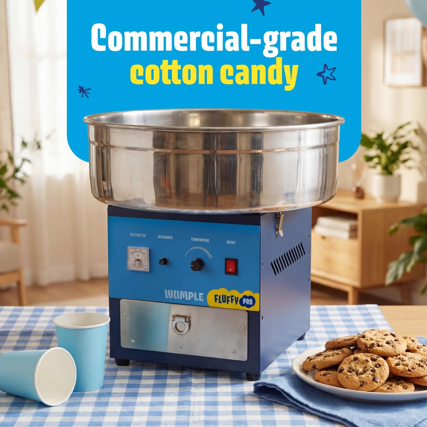 Wumple Professional Cotton Candy Machine - Commercial Electric Maker with Drawer & Large Stainless Steel Bowl - Fast Heat-Up - Perfect for Parties & Business - Blue