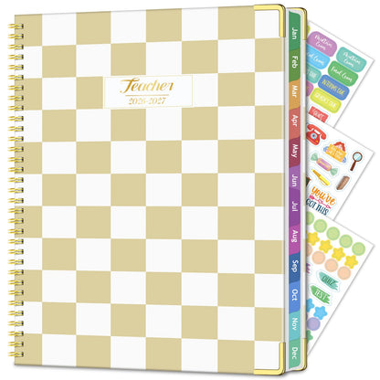 Teacher Planner 2026-2027, Jul 2026-Jun 2027 Academic Year, 8.5" x 11" Lesson Planner Book for Teacher Calendar, Spiral Bound Planners, Planning Stickers, Colorful Monthly Tabs, YellowCheckered