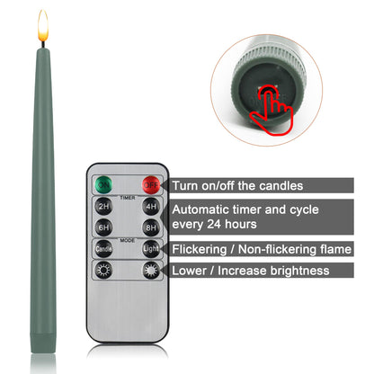 CVHOMEDECO. Flameless Taper Candles with 10-Key Remote, Battery Operated Led Flickering 3D Wick Window Candles Real Wax Finished Home Christmas Party Decor 0.78 x 11 Inch, Pack of 2, Grey Green