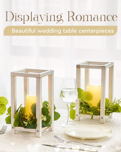 Huquary 8 Pcs Wooden Wedding Lantern Centerpiece for Table Decoration Includes 4 Farmhouse Candle Holder and 4 Flameless Decorative LED Candles for Rustic Home Wedding Decor(White)