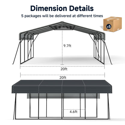 Heavy Duty Metal Carport, 20 x 20FT Outdoor Carport with Galvanized Steel Frame and Roof, Multi-Use Car Shelter for 2 Cars, Pickup, Tractors, Gray