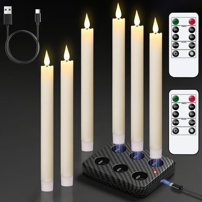 GenSwin Rechargeable Flameless Taper Candles with Charging Base, 6 Pack LED Candles Battery Operated with Remote Timer, Real Wax Flameless Candlesticks for Halloween Christmas Decorations(Ivory)