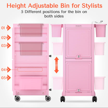 TASALON Pink Lockable Salon Cart with Wheels, Beauty Salon Station Trolley with 6 Drawers & Heat-Resistant Tool Holders, Rolling Barber Organizer for Hair Stylist, Spa & Tattoo Studio