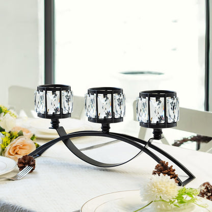 3 Arms Crystal Bowl Tealight Candelabra Votive Candle Stand, Wedding centerpieces for Tables Crystal Candlestick，Centerpiece Table Decorations (Black)