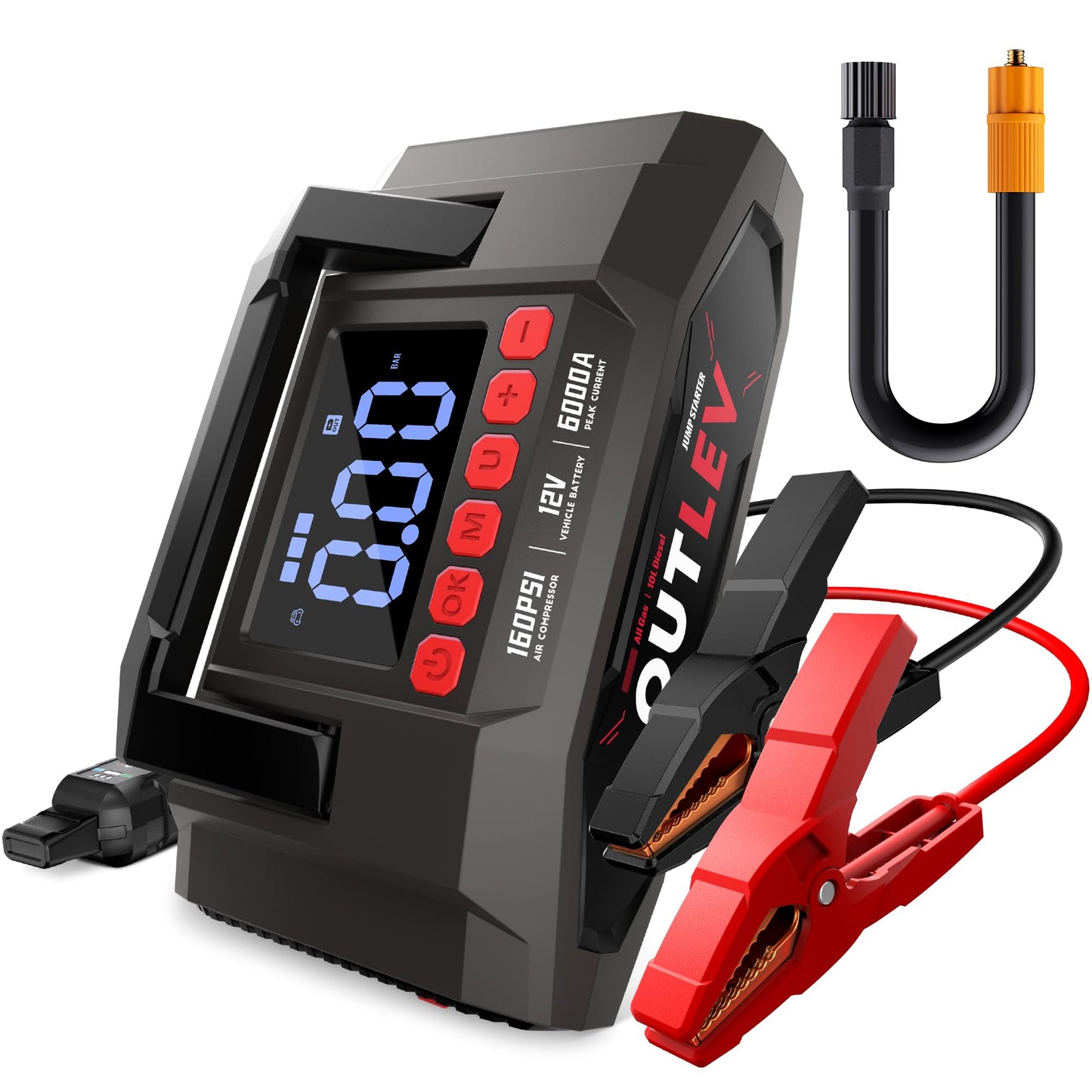 OUTLEV Jump Starter with Air Compressor for All Gas & 10.0L Diesel Engines, 6000A Jump Starter Battery Pack, Portable Power Bank, Safety Protection, Self-Driving Tour Essential