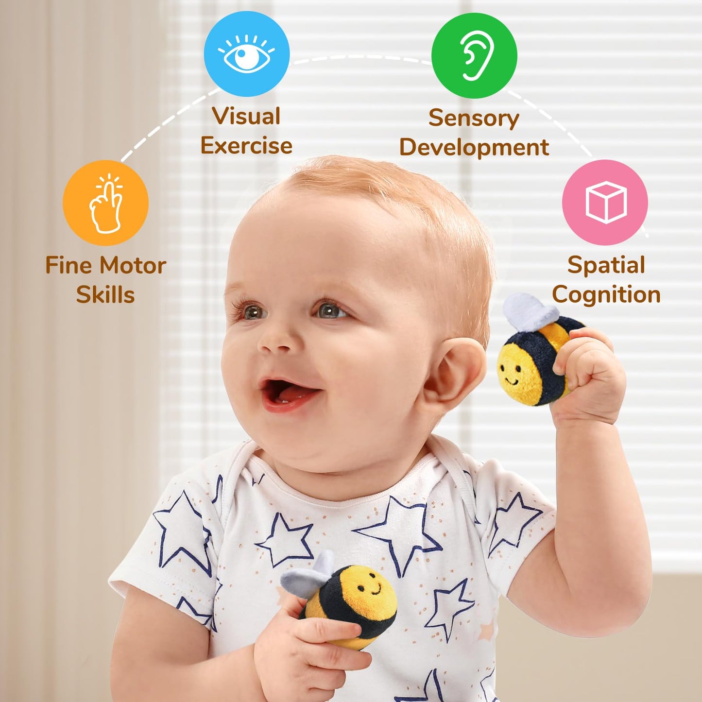 JoyCat Baby Toys 6-12 Months - B2 Soft Baby Beehive with 5 Sensory Bees - Rattle, Crinkle Paper, Squeaker, Mirror, Busy Montessori Soft Toys for Toddlers 0-3 Years Old - Boy Girl Birthday Gift