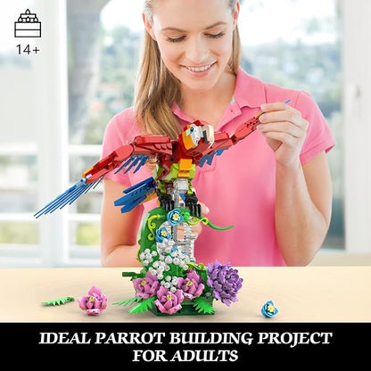 Parrot Floral Building Set MOC Flower and Parrot Collectible Table Art Kit Creator 2 in 1 Animals Bird Ideas Gifts Toys for Adults and Teens Age 14+ (1176 PCS)