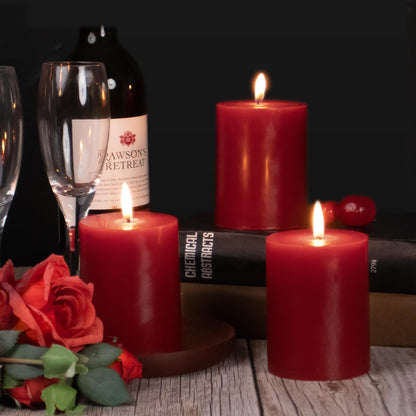 KONNI Dark Red Pillar Candles Set of 3, 3"x 4" Unscented Pillar Candles Bulk, 39 Hours Long Burning Candles, Smokeless&Dripless Large Round Candle for Wedding, Home Decoration, Parties, Spas, Dinner