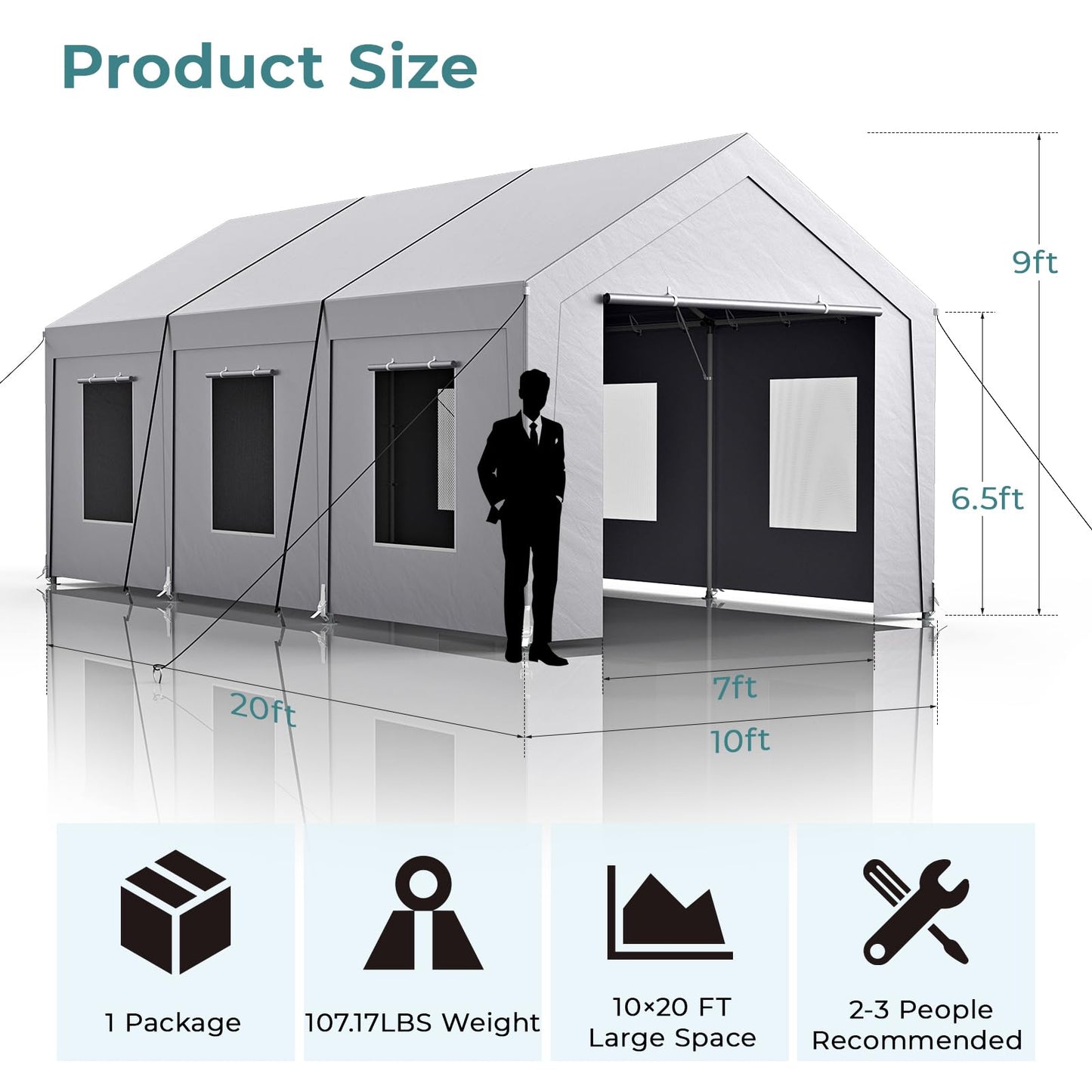 Carport 10x20 ft Heavy Duty, Car Port with Reinforced Steel Frame and 6 Roll-up Windows, Portable Garage with Sturdy Ground Nails, Waterproof All-Season Car Canopy for Boat, Truck, Grey