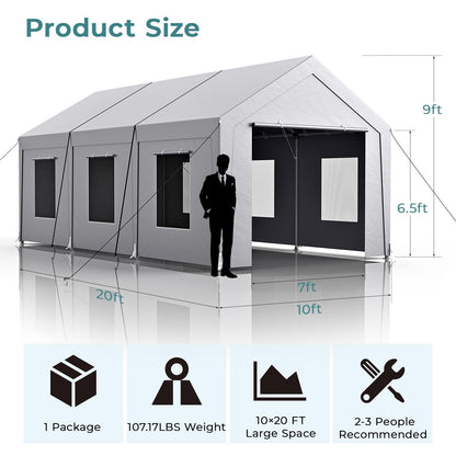 Carport 10x20 ft Heavy Duty, Car Port with Reinforced Steel Frame and 6 Roll-up Windows, Portable Garage with Sturdy Ground Nails, Waterproof All-Season Car Canopy for Boat, Truck, Grey