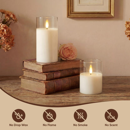 Amagic 3"x4"6" Clear Glass Flameless Candles Battery Operated with Timer, Remote Control, LED Pillar Candles, Battery Powered, Valentine's Day Decor, Pure White Wax, Set of 2