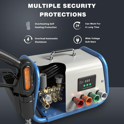 Yoking Pressure Washer, Max 150 bar, 12L/min, Power Washer for Cars, Driveways, Patios, Decks & Sidewalks, PM Inverter 3HP Motor,Horizontal Triplex Pump,60dB Quiet,with 7 Nozzles,Dual Wall/Floor Mount