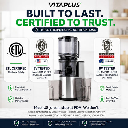 VITAPLUS Stainless Steel Auger Cold Press Juicer, AC Motor Slow Masticating Juicer, Plastic-Free Extractor for Whole Fruits & Vegetables, 5.8" Wide Chute, BPA-Free, Easy to Clean, FDA21 CFR Tested