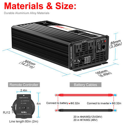 Xijia 2000W Pure Sine Wave Inverter，24V to 120V AC Converter for Home，Solar Systems，Remote and Bluetooth Control for Truck，Camping，with 2 20A AC Socket，Surge Power 4000W