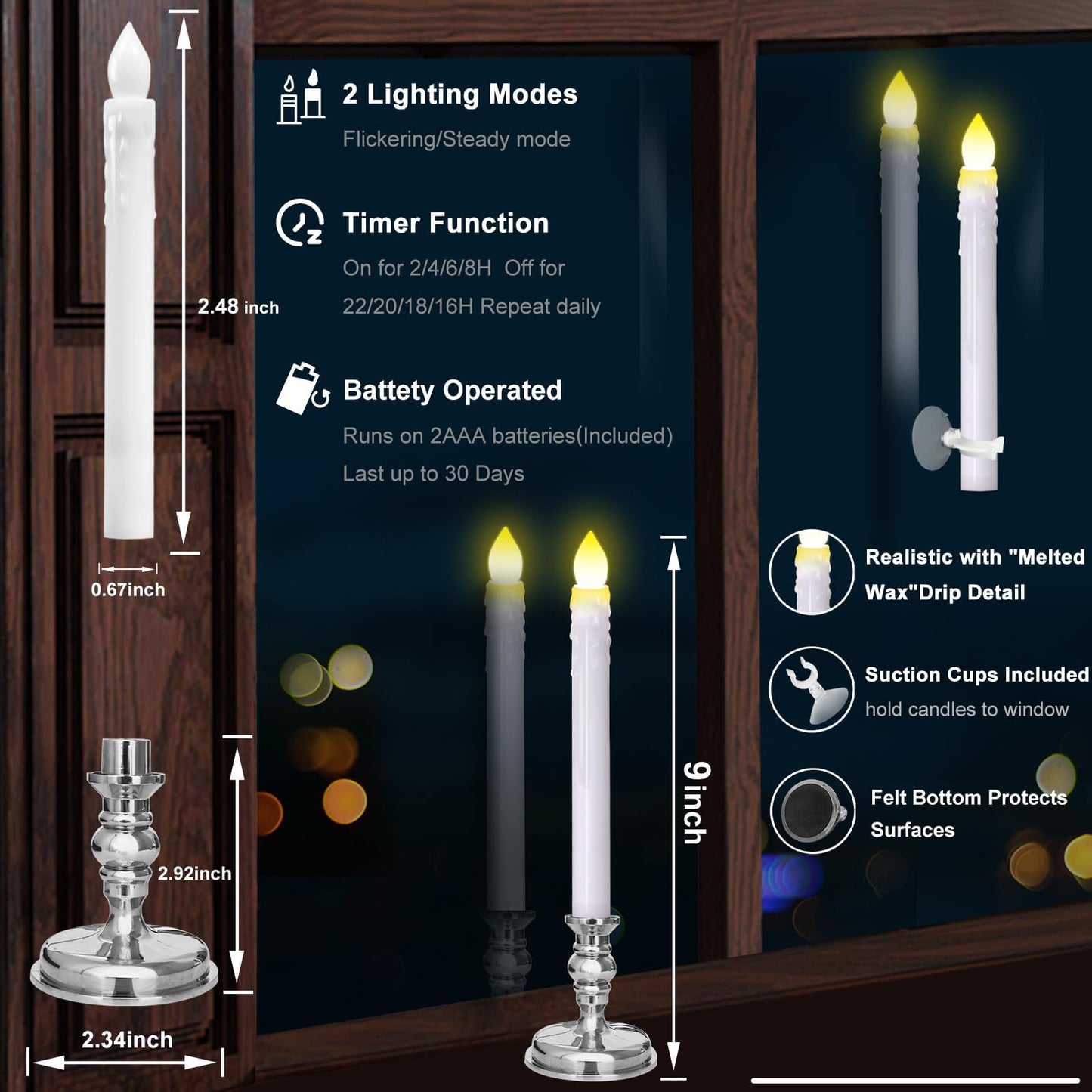 Flameless Candles 10 Pack Battery Operated Window Candles with Drip Texture,Remote Timer,10 Removable Candle Holders,10 Suction Cups,20 AAA Batteries for Home Decor Christmas Wedding (Sliver)