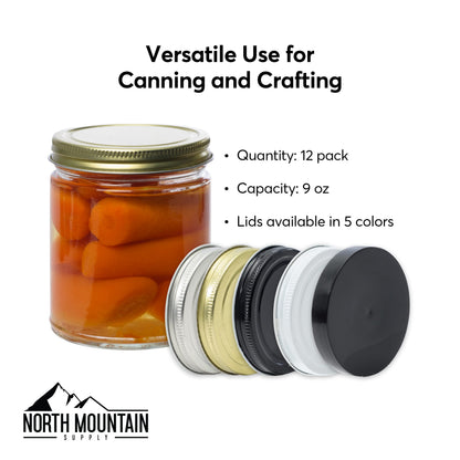 North Mountain Supply 9 Ounce Clear Glass Straight Sided Mason Canning Jars- With 70mm Gold Metal Lids - Case of 12