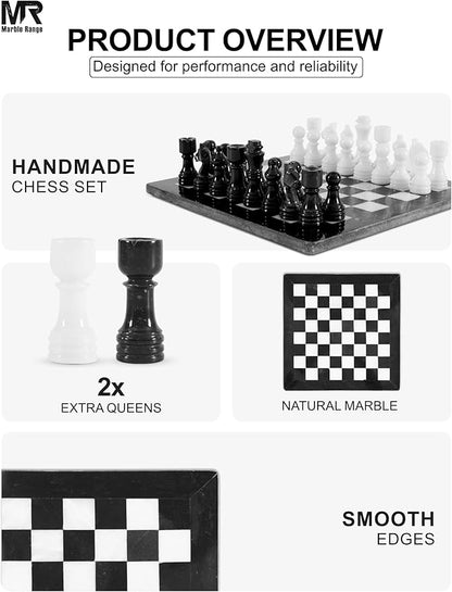 Marble Chess Set for Adults 12 Handmade Black &amp White Board Game with 32 Chess Pieces 2 Extra Queens &amp Storage Box Luxury Travel Game Elegant for Home Decor