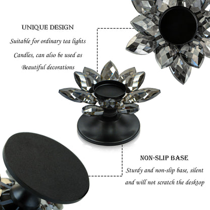 1 PC Black Crystal Flower Tea Light Holder, Glass Tealight Candlestick with Metal Base, Votive Candle for Table Centerpiece, Wedding/Parties Decor, Nice Gift