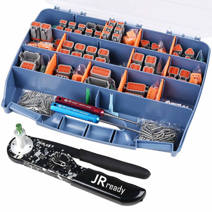 JRready ST6308 Deutsch Connector Kit, Waterproof DT Connector 2 3 4 6 8 12 Pin, Size 16 Solid Contacts, DT2 Crimper Equivalent to Deutsch Crimp Tool HDT-48-00, 12-22AWG, 417PCS