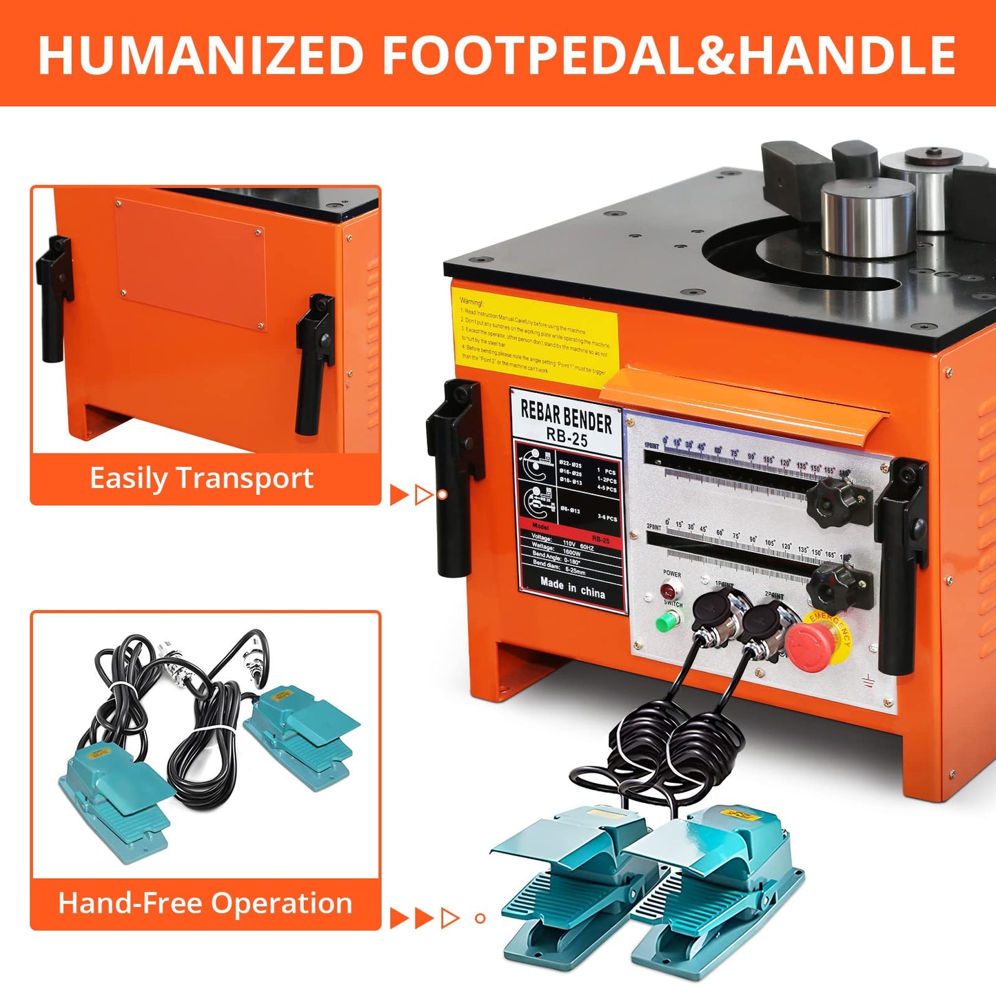 1600W Electric Rebar Bender Machine up to 1 inch with Our Electric Bender - Achieve 0-180° Angles, Operate with Convenient Foot Pedal Switch, & from Powerful Motor