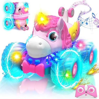 Lehoo Castle Remote Control Car for Girls 360° Rotating Unicorn Monster Truck with Light &amp Music 4WD All Terrain RC Stunt Car Rechargeable 2.4GHz RC Truck for 3 4 5 6 7 8 Girls Birthday Gift