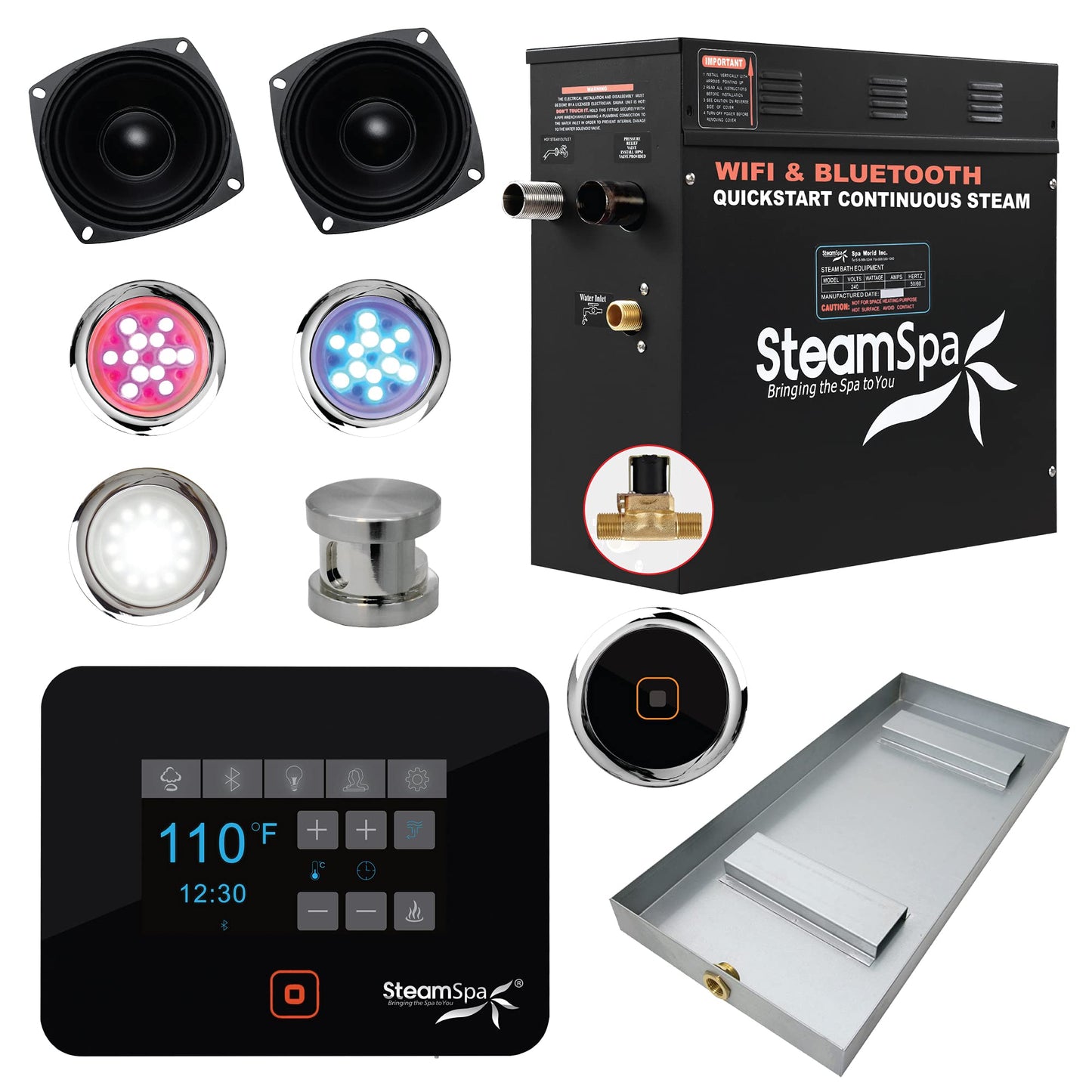 SteamSpa Generator with Quick Start Continuous Steam Technology, Wi-Fi, Bluetooth and Autodrain | 6kW Steam Generator with Brushed Nickel Steam Head with Aromatherapy Reservoir | FG-RVB600BN-A
