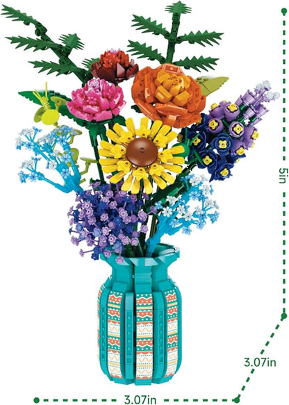 Flowers Bouquet Toys Building Blocks Set with Vase Botanical Collection Including Roses Sunflower Hyacinth Hydrangea for Adults Teen Girls Home Office Decor -1853 PCS