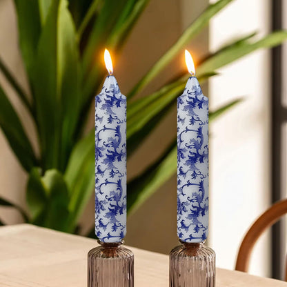 Floral Taper Candles 7inch Unscented Long Chinoiserie Candlesticks Marble Handmade Dripless Candle Sticks for Emergency, Wedding, Home Décor Festive Seasons Holiday 4pcs