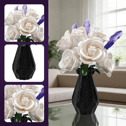 White Roses Flowers Bouquet Building Set with Vase 256 Pcs Artificial Botanical Collection with Purple Accents Floral Centerpiece Home Decor Gift for Adults
