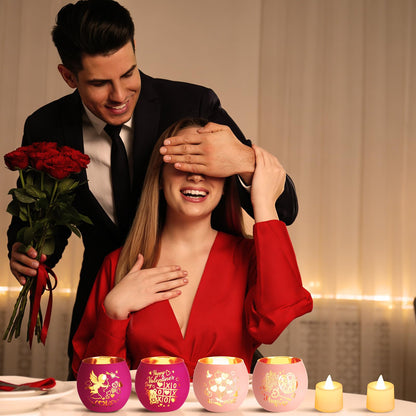 VIHOSE 6 Set Valentine's Day Tealight Candle Holders with 6 LED Battery Operated Candles Valentines Glass Tealight Holders Valentine Table Decorations for Home Table Centerpiece Decor Gifts