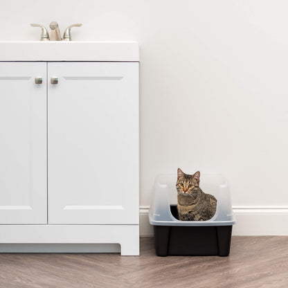 IRIS USA Large Open Top Cat Litter Box with High Sides, Scatter Shield & Scoop, Black - Easy Clean Plastic Litter Pan for Indoor Cats, Kittens or Multicat Homes