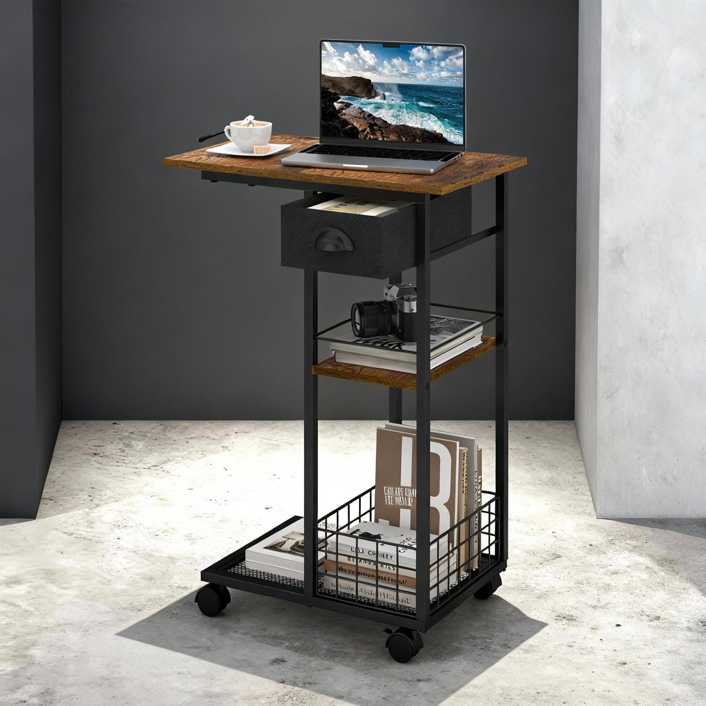Vintage C Shaped End Table with Storage Basket, Tiltable & Large Tabletop Side Table with Drawer, Bedside Table with Wheels, Rolling C Table for Living Room, Bedroom, Bedside, Rustic Brown and Black